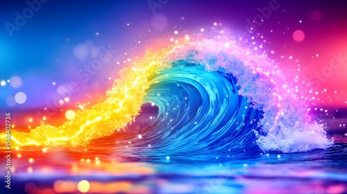 Neon wave crashing, vibrant bokeh background, digital art, design element