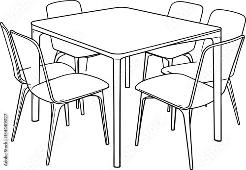 Black-and-White Vector Illustration of a Dining Table with Six Matching Chairs – Minimalist Furniture Design
