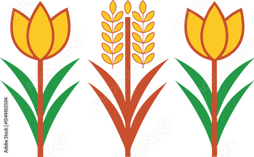 Stylized floral and wheat composition with transparency for decorative design
