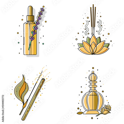 Golden Aromatherapy Icon Set Essential Oil of lavender, rose oil, aroma diffuser and incense stick for Wellness Blogs, Spa Branding and Holistic Health Marketing Materials