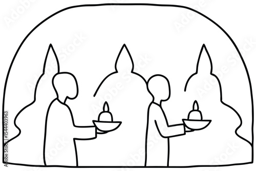 Black outline illustration of three religious figures holding candle lamps
