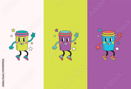 Groovy Retro Coffee Cup Characters  Funky, Colorful Illustrations of Happy Coffee Cups Dancing and Smiling