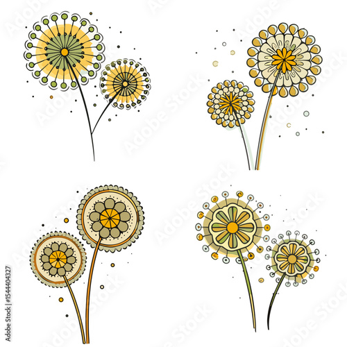 Dandelion Flower Icons Set for Nature Design - Botanical Illustrations for Wellness Blogs, Herbal Medicine Sites and Spring Graphics