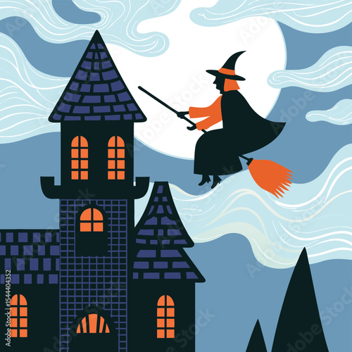 A whimsical illustration of a witch flying on a broom over a spooky castle at night.