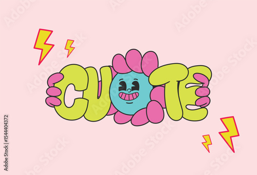 Adorable Cute Flower Power  Vibrant Illustration of a Cute Character Holding the Word Cute