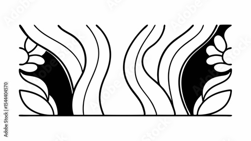 Stylized symmetrical floral border design with wavy lines and black fill elements on the sides created with generated ai