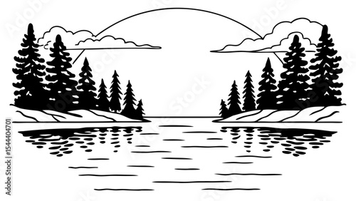 Scenic landscape with trees and water reflecting a sun and clouds in a minimalist black and white style created with generated ai