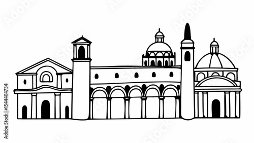 Illustration of a european style building with arches domes and a tower in black and white outline created with generated ai