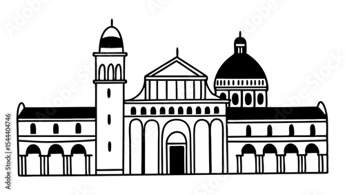 Illustration of a grand building with arches, domes, and a tower in black and white outline style created with generated ai