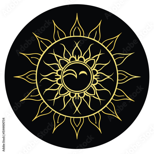 Golden sun circular mandala design with colorful details