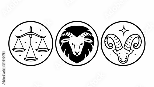 Three zodiac signs libra ram and aries in black and white circular designs astrology symbols illustration created with generated ai