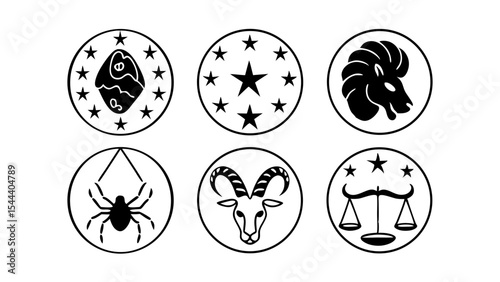Collection of zodiac signs and symbols including aries taurus libra and spider in circle designs created with generated ai