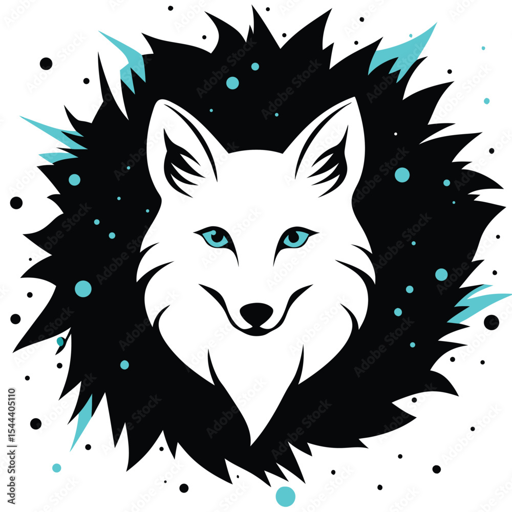 Obraz premium White Fox Head with Blue Eyes in Black Spiky Circle Vector Illustration