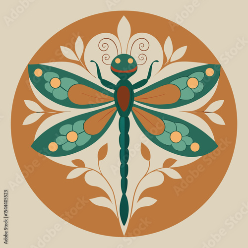 Circular dragonfly illustration with colorful design