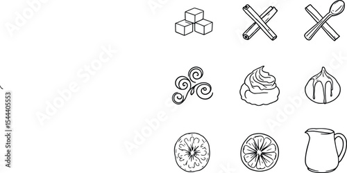 : Black-and-White Vector Icons of Dessert Garnishes and Flavor Accents – A 3x3 Grid with Sweet Finishing Touches