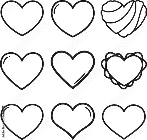 Collection of Nine Hand-Drawn Heart Icons Perfect for Valentine's Day, Love, and Romantic Designs