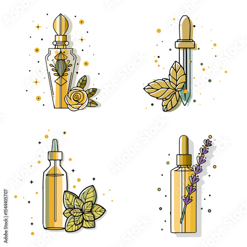 Luxury Essential Oil Bottle Icons Set with rose, mint, lavender oils for Aromatherapy Websites, Natural Remedy Blogs, Wellness Products and Beauty Brands