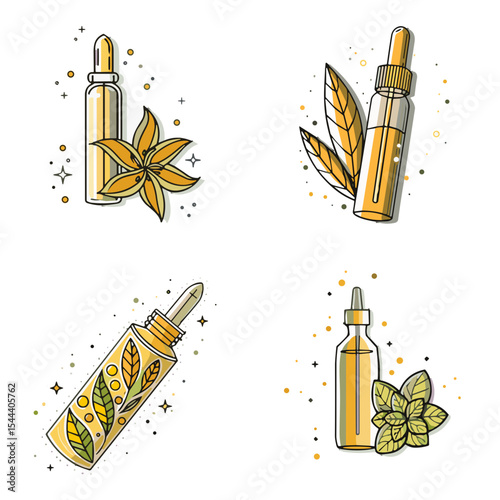 Essential Oil Bottle Icons Set with Golden Elements for Aromatherapy Websites, Natural Remedy Blogs, Wellness Products and Beauty Brands