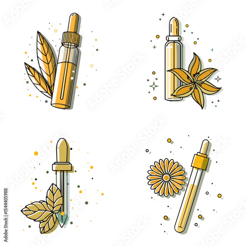 Essential oil flacons and bottles icon set for aromatherapy blogs, wellness websites, natural product clipart, health and beauty presentations, and product branding