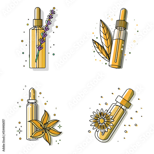 Essential oil flacons and bottles icon set for Beauty Blogs, Cosmetic Websites, Aromatherapy Design, Natural Product Branding, Spa Marketing Materials, and Essential Oil Promotions