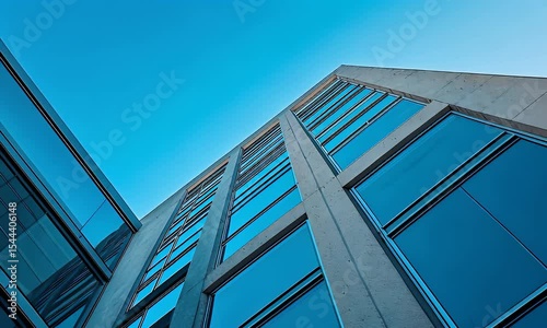 Modern Building Facade With Blue Tinted Windows Against a Bright Blue Sky Low Angle View