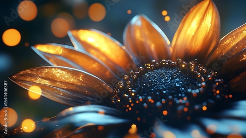Photorealistic macro of a sunflower with synthetic metallic petals and glowing center