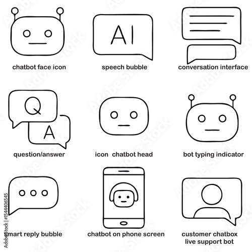 Minimal Chatbot UI and AI Communication Icons – Black and White Outline Vector Set