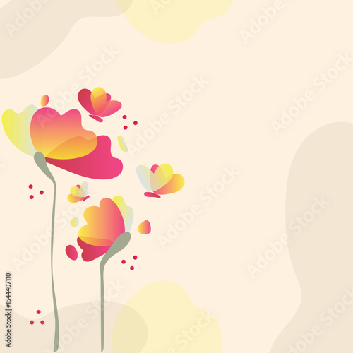 Abstract floral background with pink red yellow flowers, butterflies, and heart-shaped leaf for a beautiful spring or summer design with Blank Cpoy space for text.