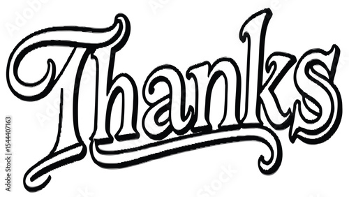 Illustration of the word thanks in a cursive style with a black outline on a white background