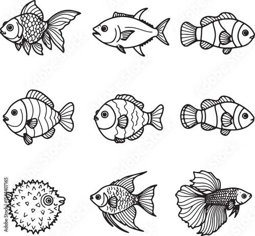 Collection of Nine Line Art Fish Illustrations Goldfish, Tuna, Clownfish, Angelfish, Pufferfish, and More