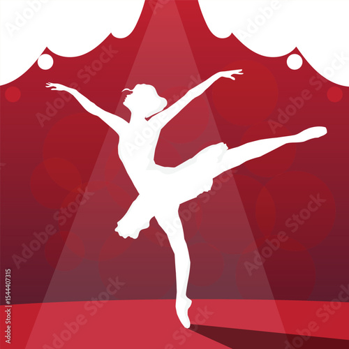 Dancing woman in a red performance stage, a graceful ballet dancer silhouette captured in an elegant jump.