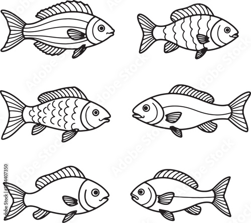 Collection of Six Line Drawings of Different Fish Species Perfect for Coloring Pages, Educational Materials, or Artistic Inspiration