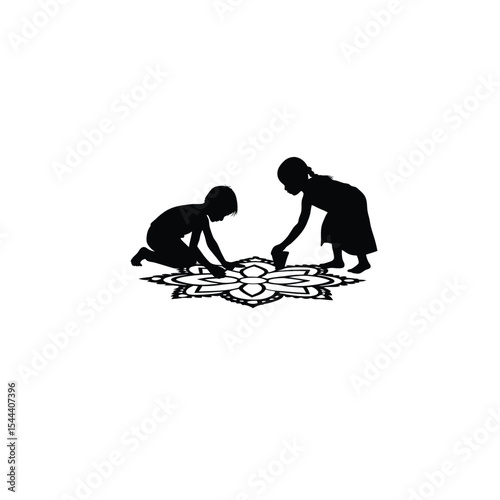 Silhouette of kids participating in a rangoli making competition on white background
