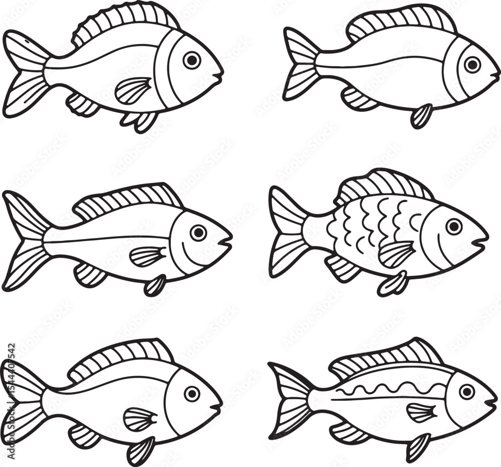 Fototapeta premium Six Adorable Cartoon Fish Illustrations Perfect for Coloring Pages, Kids' Activities, and Creative Projects