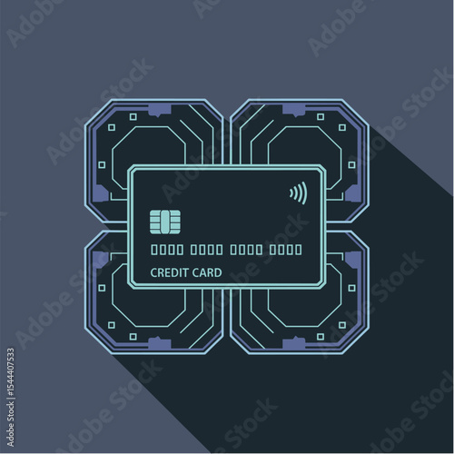 Credit card in flat vector with dark background, Dark Mode UI style