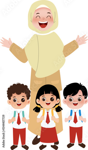vector illustration of kids and muslim teacher
