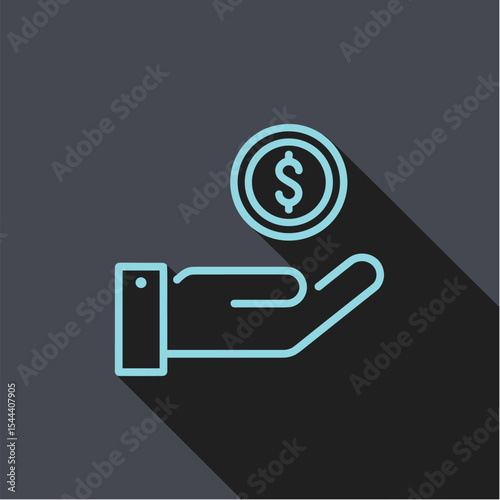 Hand holding coin flat vector on dark background, Dark Mode UI style