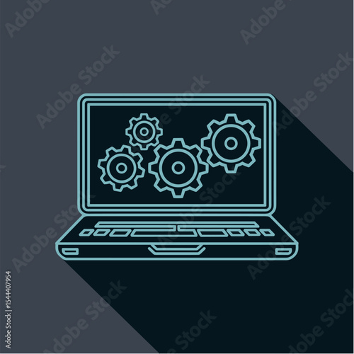 Laptop with gear – system setup, flat vector on dark background, Dark Mode UI style
