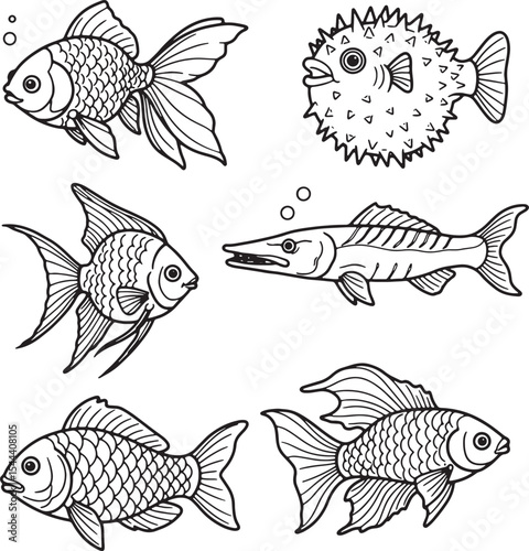 Collection of Six Diverse Fish Illustrations Goldfish, Pufferfish, Angelfish, Barracuda, and More