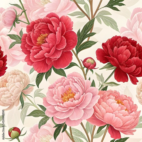 Elegant vintage-style illustration of red and pink peonies with green leaves on a cream background.