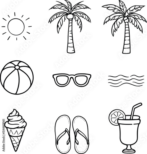 Black-and-White Vector Icons of Tropical Vacation Elements – A 3x3 Grid Featuring Sun, Palm Trees, and Summer Essentials
