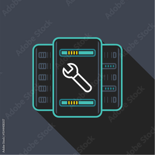 Server maintenance screen with wrench flat vector on dark background, Dark Mode UI style