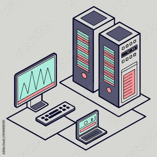 Efficient Data Center Network Isometric Illustration of Servers, Computers, and Network Connections Representing Data Management and High-Performance Computing