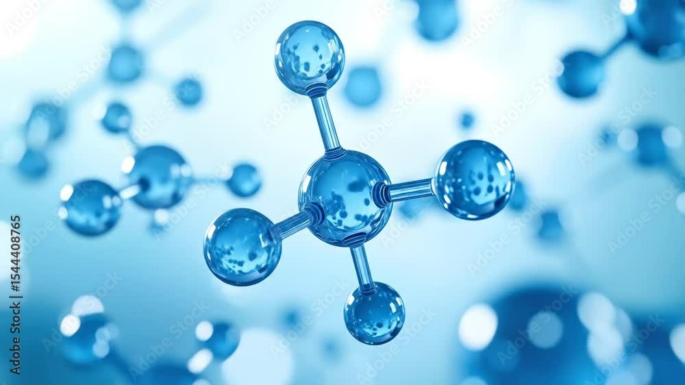 3D render molecular structure animation with shiny blue atoms and bonds motion