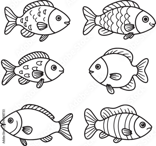 Adorable Collection of Six Simple Line Drawings of Various Fish Species, Perfect for Coloring Pages or Educational Materials
