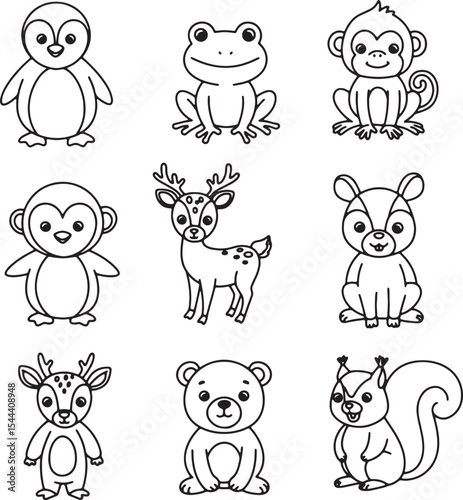 Adorable Cartoon Animals Penguin, Frog, Monkey, Deer, Squirrel, and Bear Coloring Pages