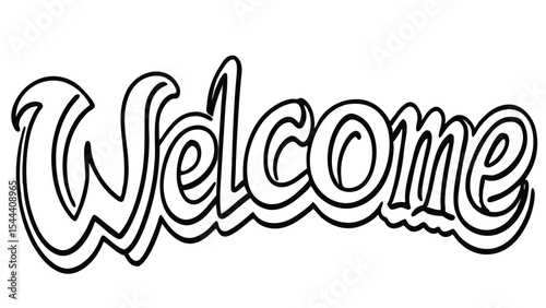 Illustration of the word welcome in a stylized outlined font with a cartoonish layered effect design