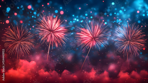 Vibrant fireworks in the night sky, Festive celebration background for New Year's Eve, Independence Day, or USA 4th of July. Holiday greeting card concept.