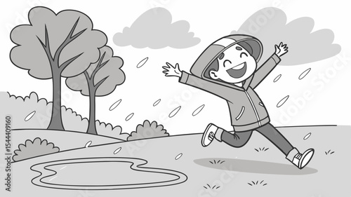 A happy child with a hood running in the rain with arms outstretched near trees and a puddle outside