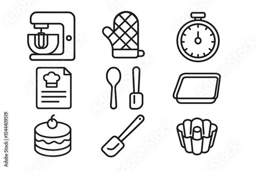 Baking essentials: tools and utensils outline icons set